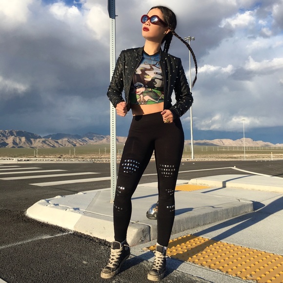 Black Vegan Leather Quilted Spiked Crop Jacket - Picture 4 of 6